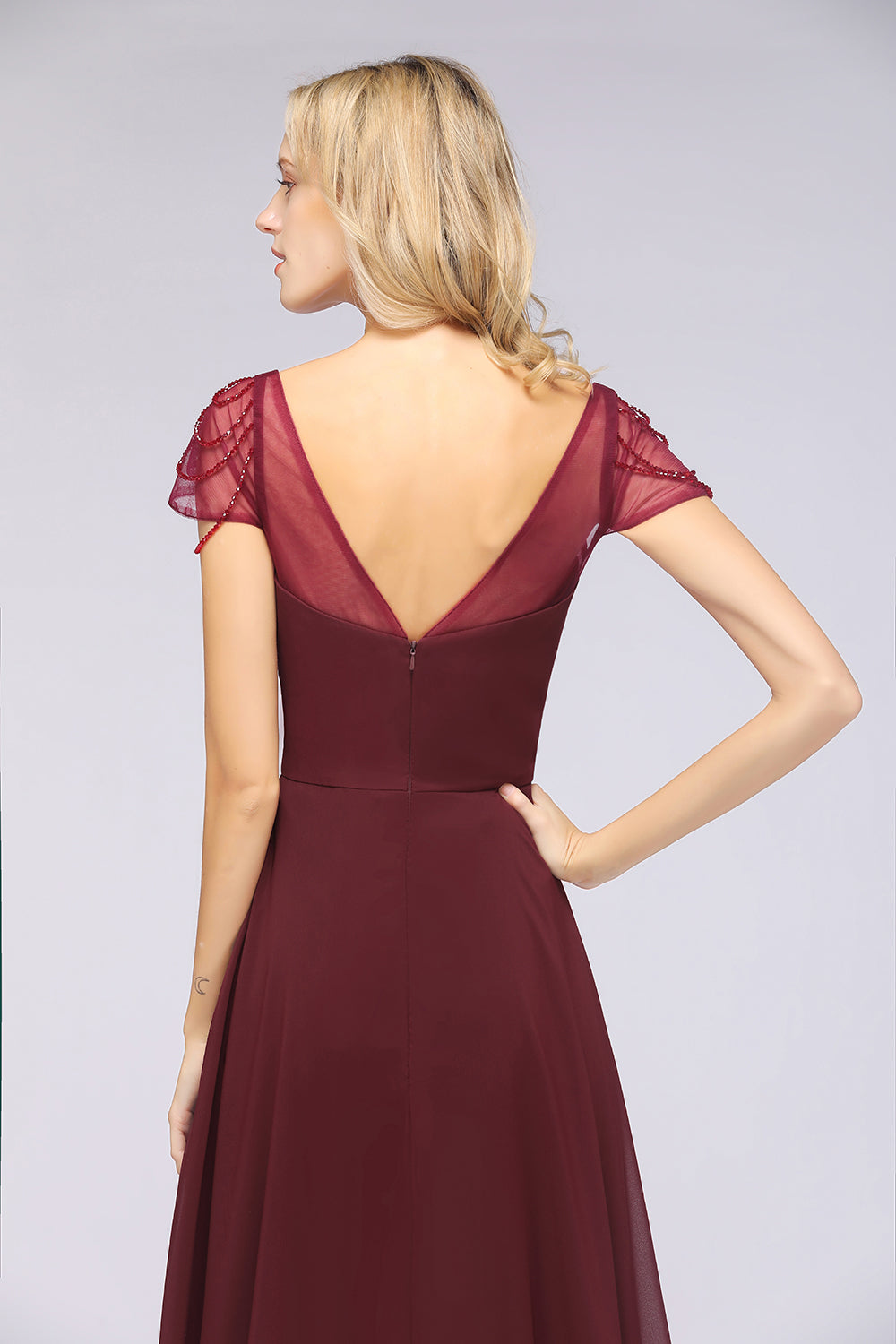 A-Line Chiffon Sweetheart Cap-Sleeves Ruffle Floor Length Bridesmaid Dress with Beadings