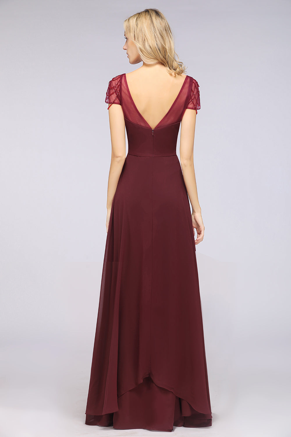 A-Line Chiffon Sweetheart Cap-Sleeves Ruffle Floor Length Bridesmaid Dress with Beadings