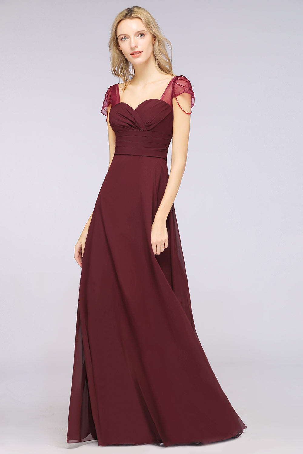 A-Line Chiffon Sweetheart Cap-Sleeves Ruffle Floor Length Bridesmaid Dress with Beadings