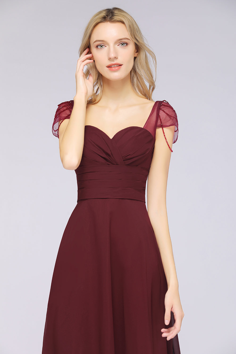 A-Line Chiffon Sweetheart Cap-Sleeves Ruffle Floor Length Bridesmaid Dress with Beadings