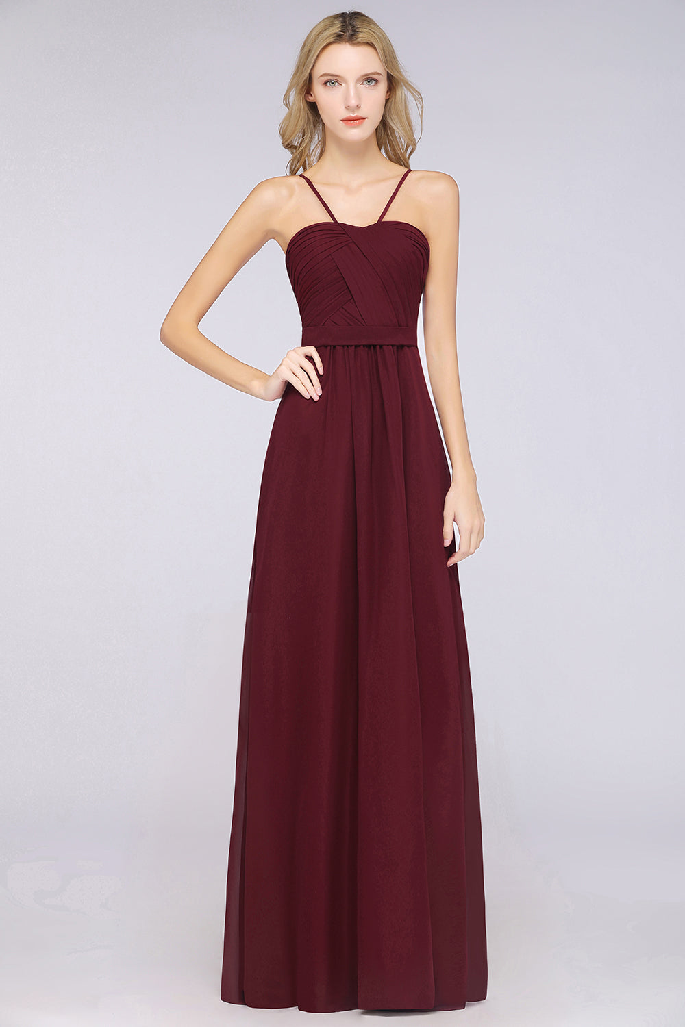 A-Line Chiffon Sweetheart Spaghetti Straps Backless Floor Length Bridesmaid Dress with Ruffles