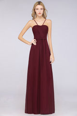 A-Line Chiffon Sweetheart Spaghetti Straps Backless Floor Length Bridesmaid Dress with Ruffles