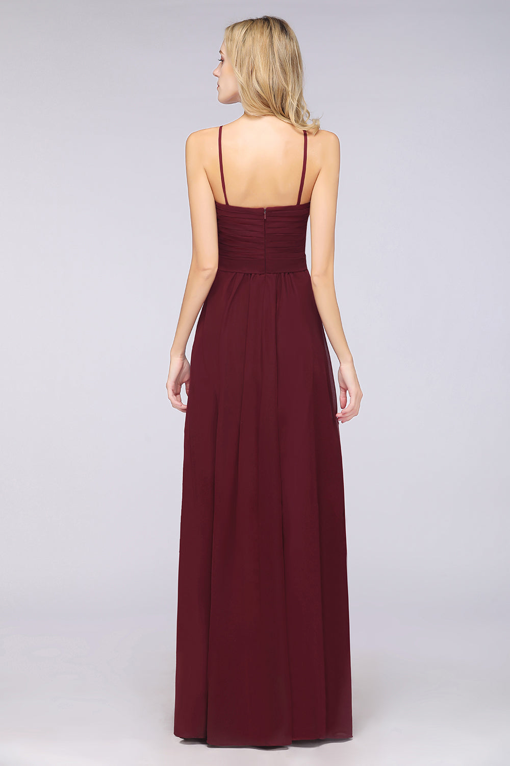 A-Line Chiffon Sweetheart Spaghetti Straps Backless Floor Length Bridesmaid Dress with Ruffles