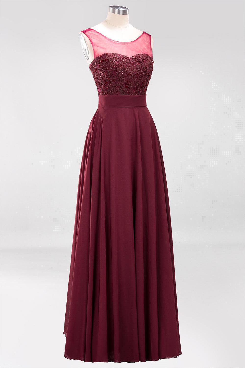 A-Line Chiffon Tulle Lace Beadings Jewel Sleeveless Floor Length Bridesmaid Dresses with Sash
