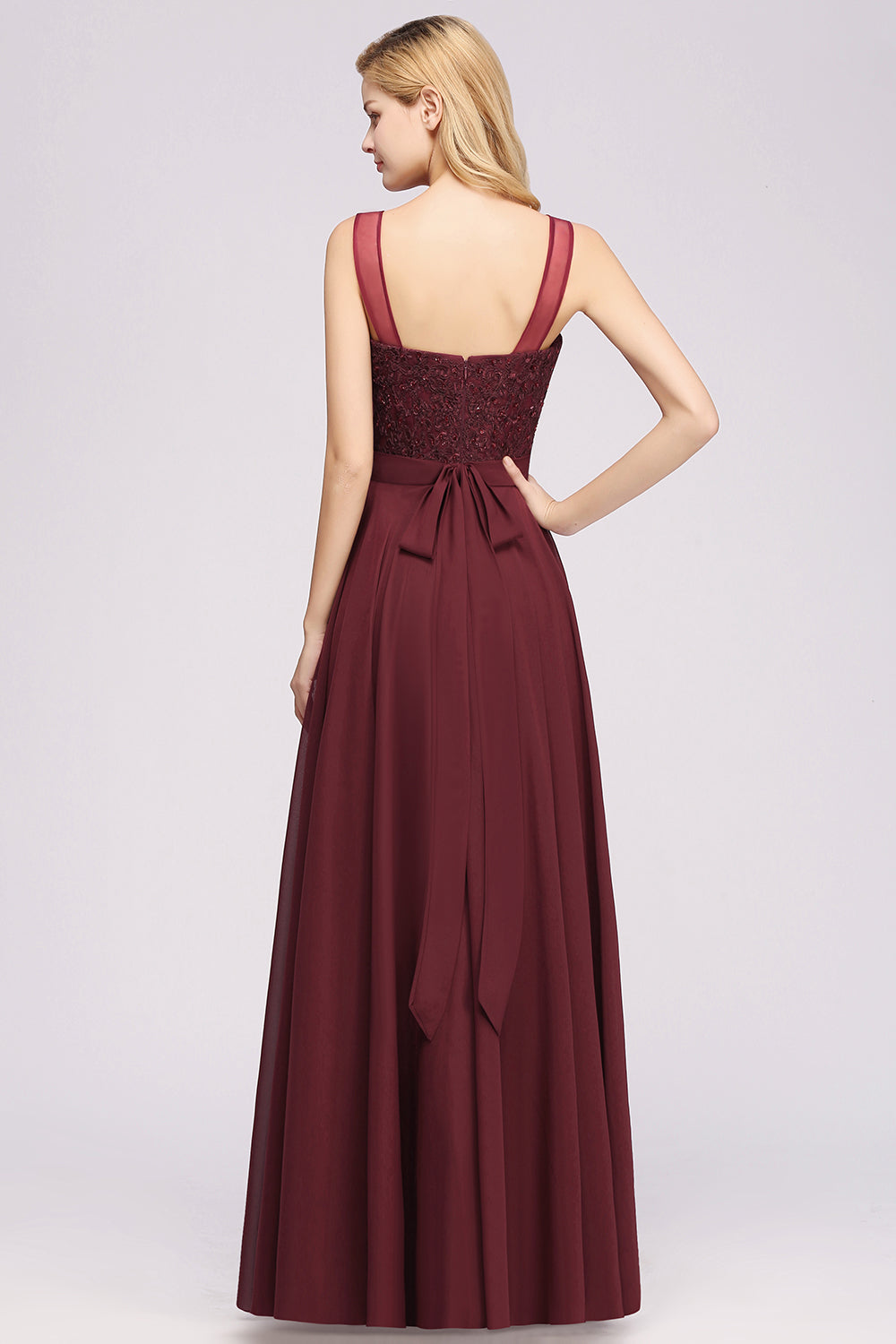 A-Line Chiffon Tulle Lace Beadings Jewel Sleeveless Floor Length Bridesmaid Dresses with Sash