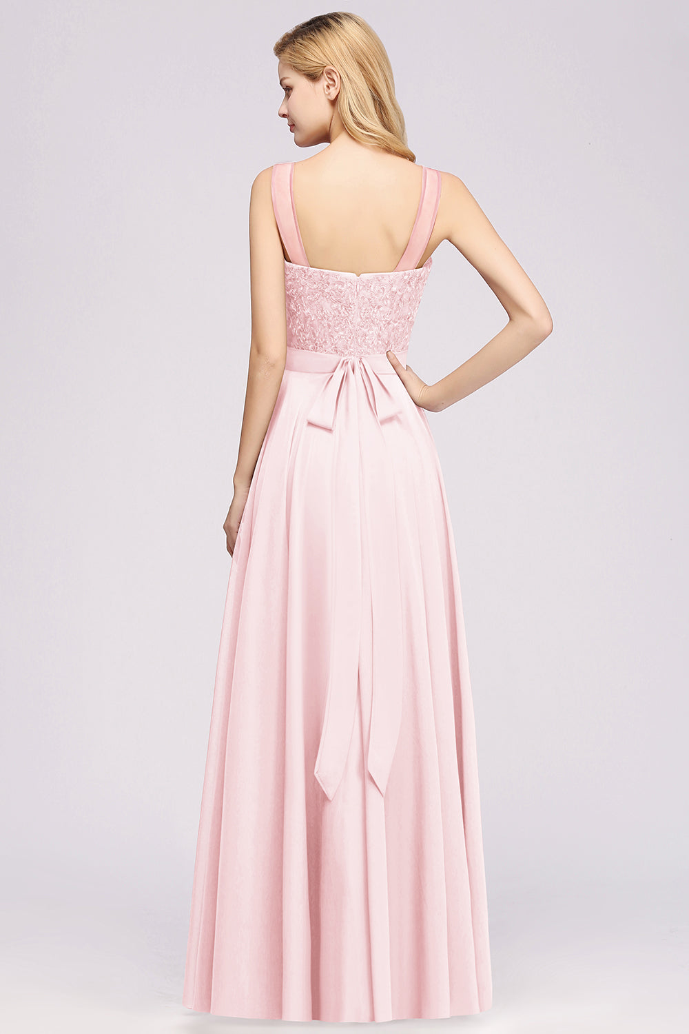 A-Line Chiffon Tulle Lace Beadings Jewel Sleeveless Floor Length Bridesmaid Dresses with Sash