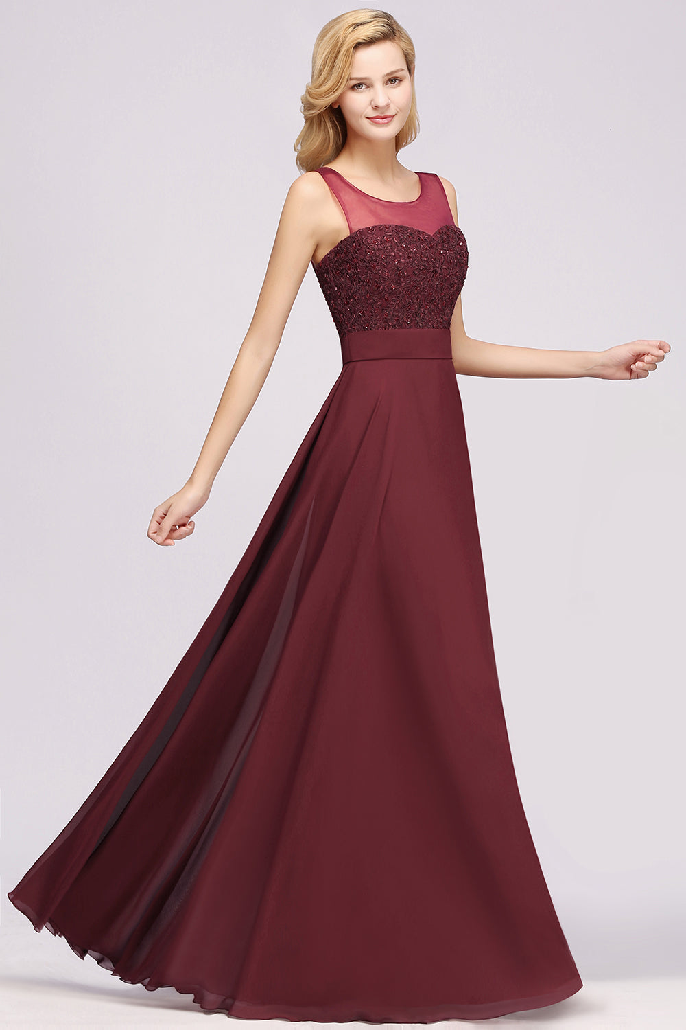 A-Line Chiffon Tulle Lace Beadings Jewel Sleeveless Floor Length Bridesmaid Dresses with Sash