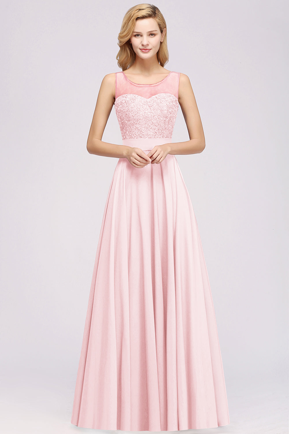 A-Line Chiffon Tulle Lace Beadings Jewel Sleeveless Floor Length Bridesmaid Dresses with Sash