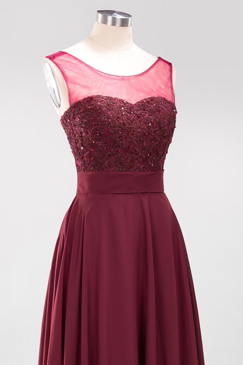 A-Line Chiffon Tulle Lace Beadings Jewel Sleeveless Floor Length Bridesmaid Dresses with Sash