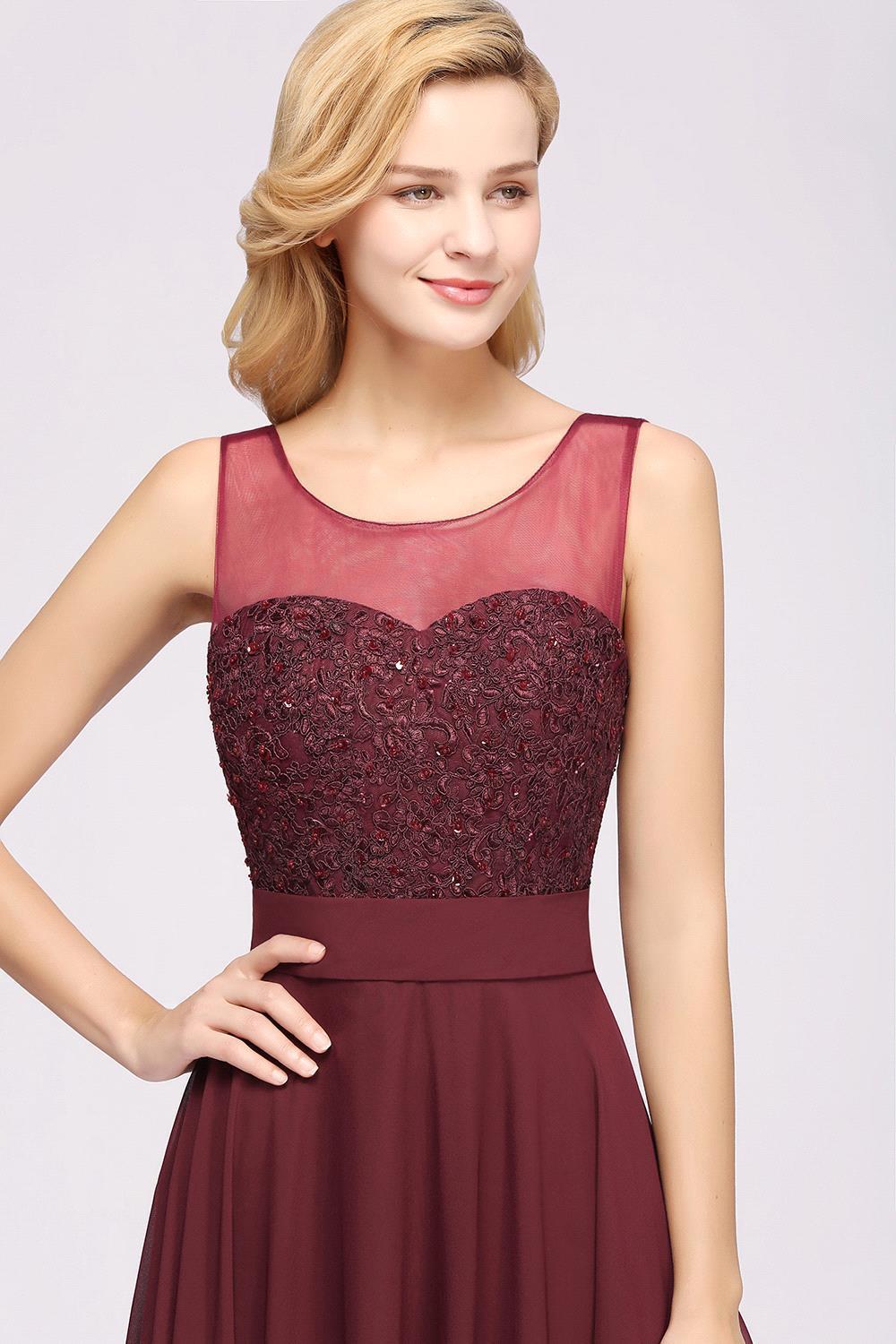A-Line Chiffon Tulle Lace Beadings Jewel Sleeveless Floor Length Bridesmaid Dresses with Sash