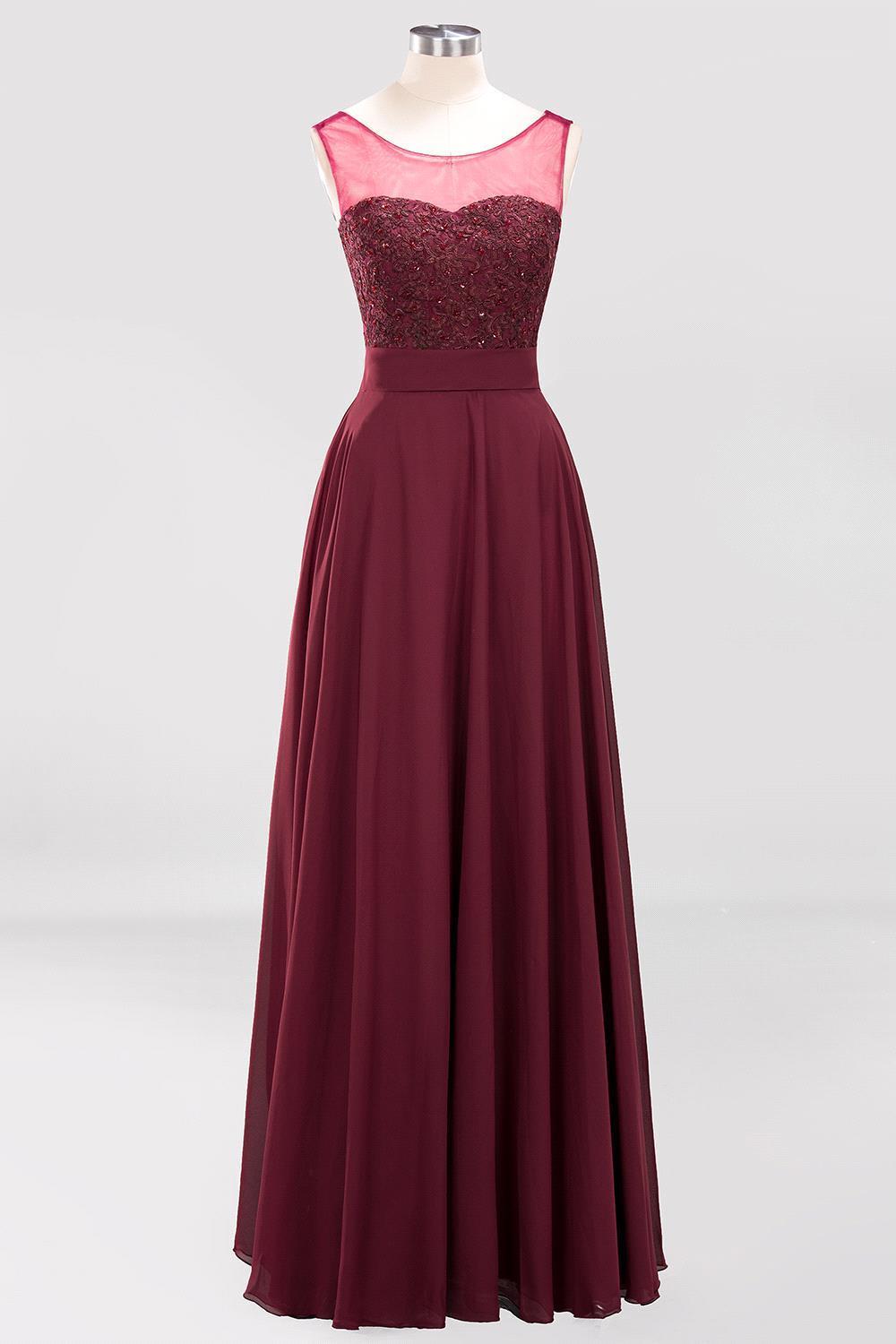A-Line Chiffon Tulle Lace Beadings Jewel Sleeveless Floor Length Bridesmaid Dresses with Sash