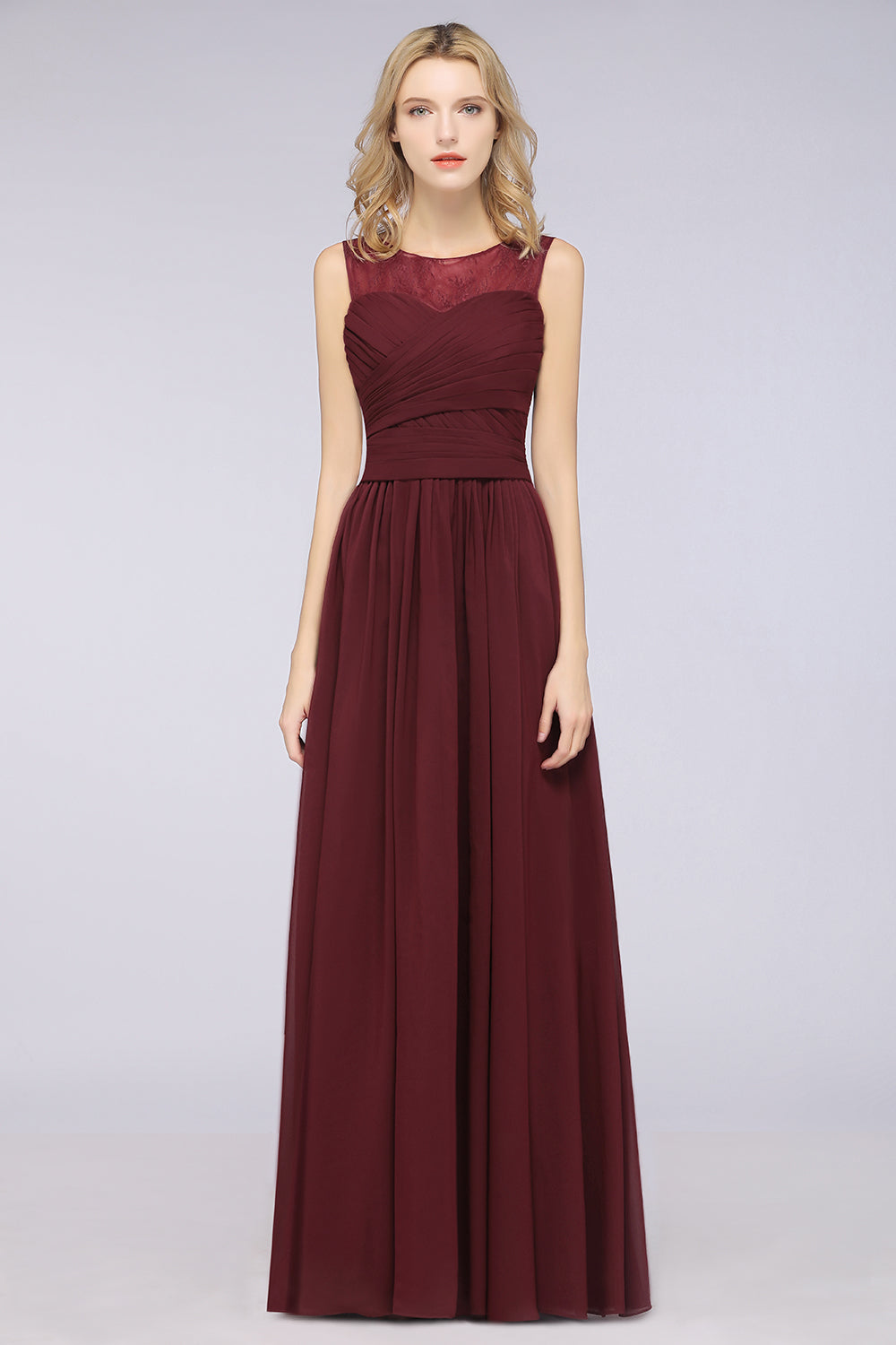 A-Line Chiffon Tulle Lace Scoop Sleeveless Floor Length Bridesmaid Dress with Ruffle