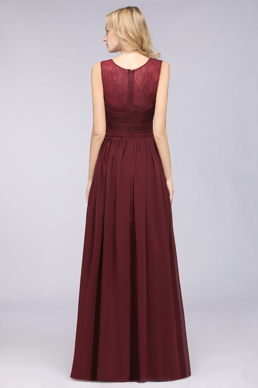A-Line Chiffon Tulle Lace Scoop Sleeveless Floor Length Bridesmaid Dress with Ruffle