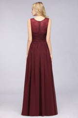 A-Line Chiffon Tulle Lace Scoop Sleeveless Floor Length Bridesmaid Dress with Ruffle