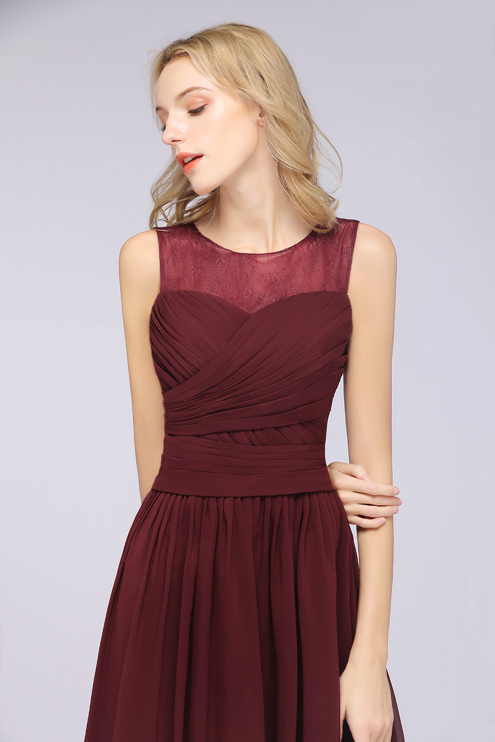 A-Line Chiffon Tulle Lace Scoop Sleeveless Floor Length Bridesmaid Dress with Ruffle