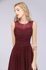 A-Line Chiffon Tulle Lace Scoop Sleeveless Floor Length Bridesmaid Dress with Ruffle