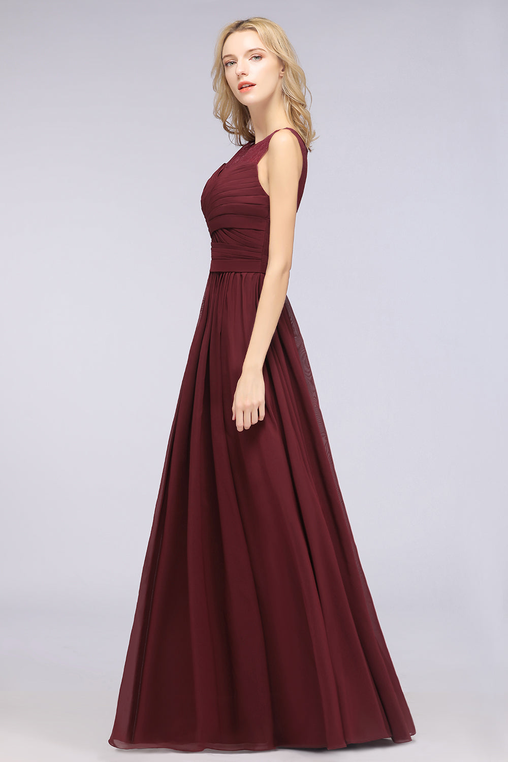 A-Line Chiffon Tulle Lace Scoop Sleeveless Floor Length Bridesmaid Dress with Ruffle