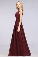 A-Line Chiffon Tulle Lace Scoop Sleeveless Floor Length Bridesmaid Dress with Ruffle