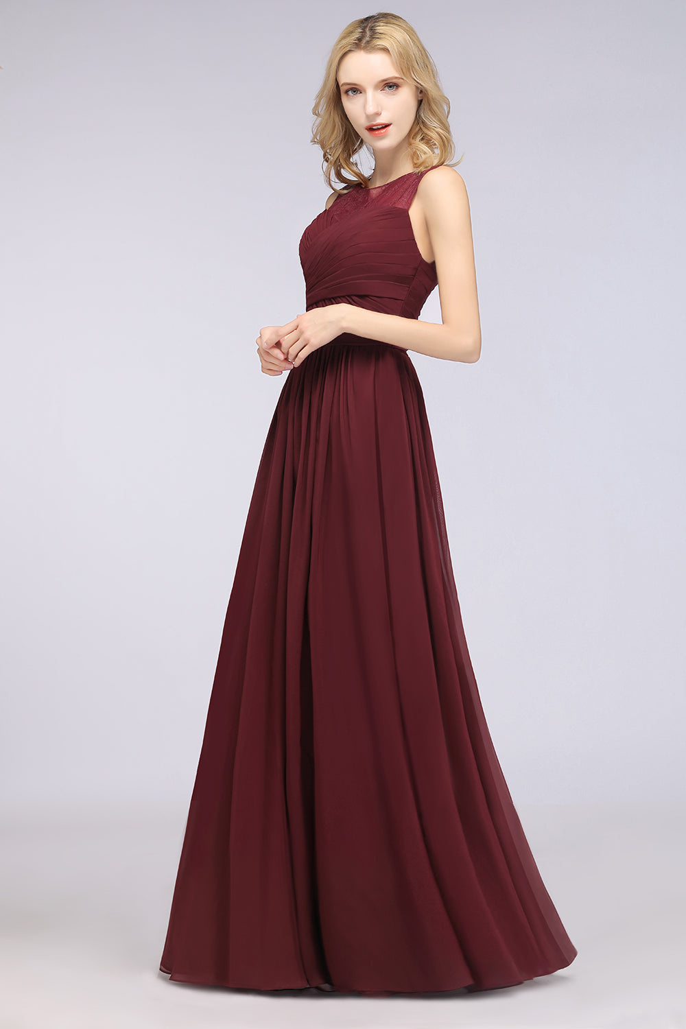 A-Line Chiffon Tulle Lace Scoop Sleeveless Floor Length Bridesmaid Dress with Ruffle