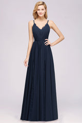 A-Line Chiffon V-Neck Spaghetti Straps Long Bridesmaid Dress