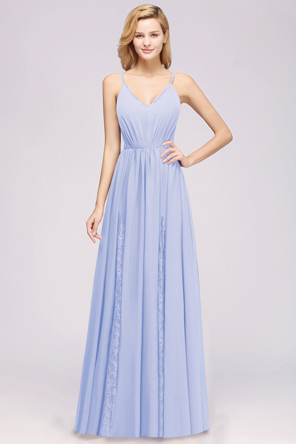 A-Line Chiffon V-Neck Spaghetti Straps Long Bridesmaid Dress