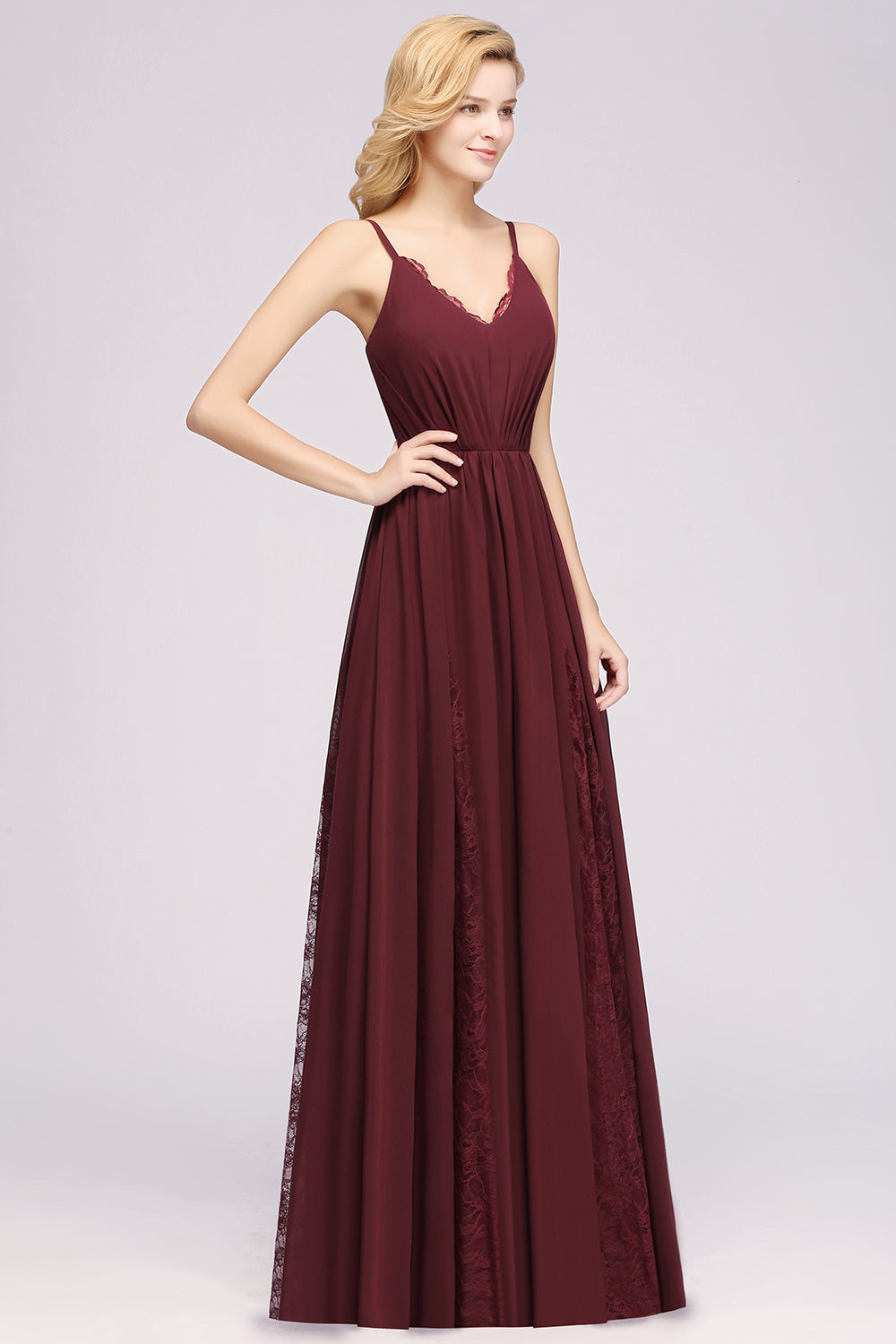 A-Line Chiffon V-Neck Spaghetti Straps Long Bridesmaid Dress