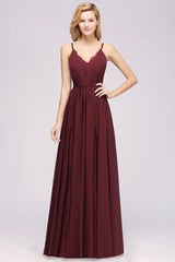 A-Line Chiffon V-Neck Spaghetti Straps Long Bridesmaid Dress