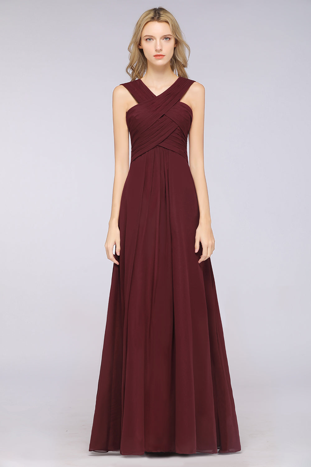 A-Line Chiffon V-Neck Straps Sleeveless Floor Length Bridesmaid Dress with Ruffles