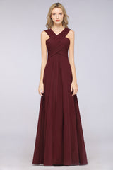 A-Line Chiffon V-Neck Straps Sleeveless Floor Length Bridesmaid Dress with Ruffles