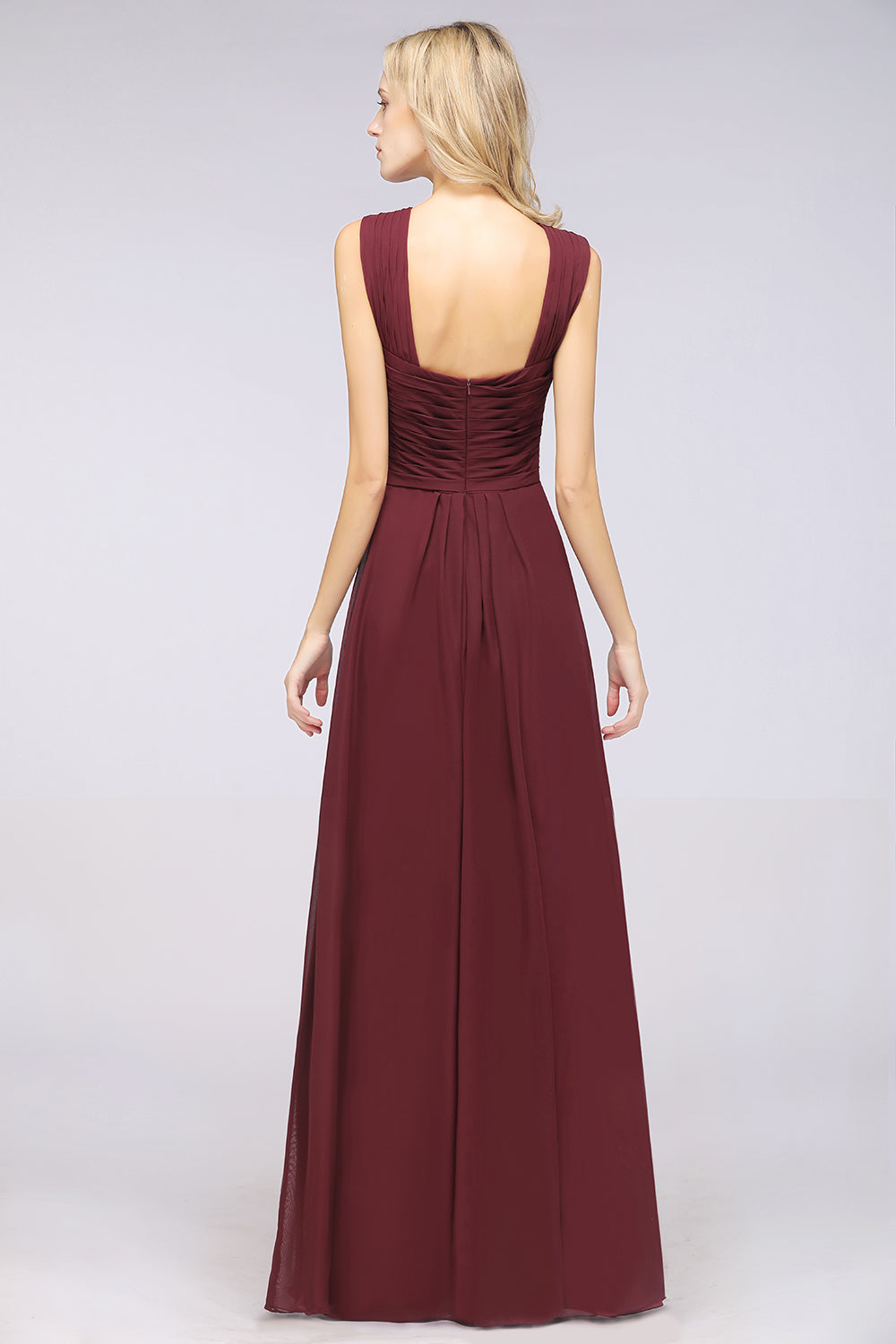 A-Line Chiffon V-Neck Straps Sleeveless Floor Length Bridesmaid Dress with Ruffles