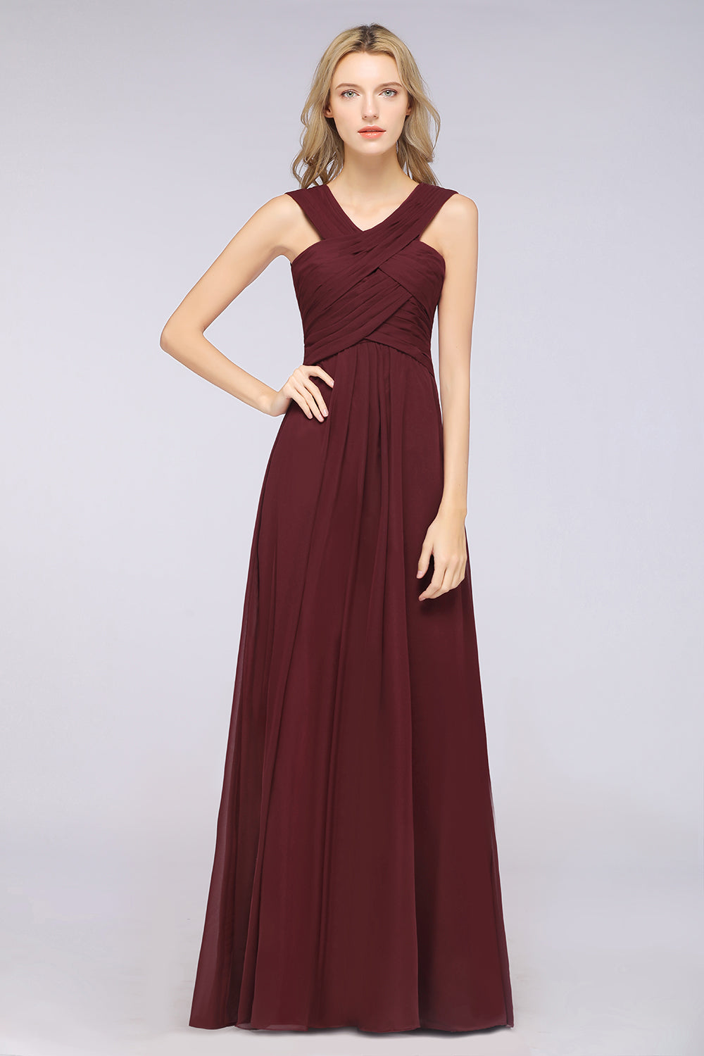A-Line Chiffon V-Neck Straps Sleeveless Floor Length Bridesmaid Dress with Ruffles