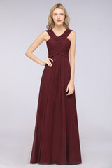 A-Line Chiffon V-Neck Straps Sleeveless Floor Length Bridesmaid Dress with Ruffles