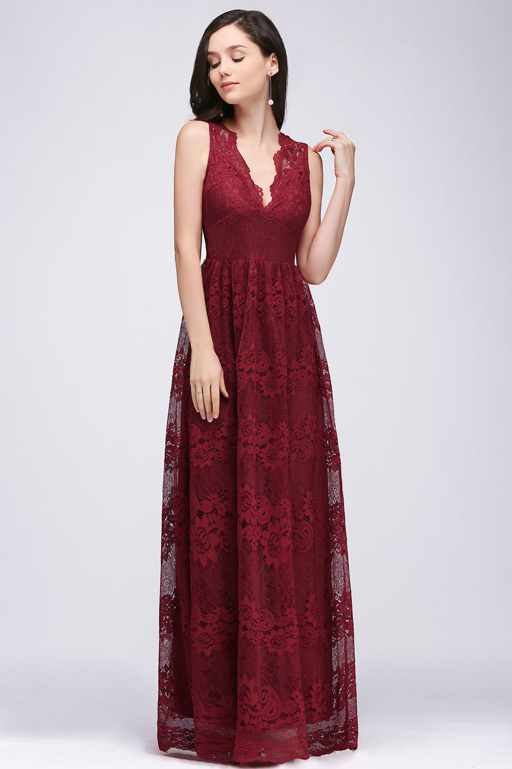 A-Line Lace Deep-V-Neck Sleeveless Floor Length Bridesmaid Dresses