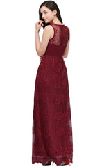 A-Line Lace Deep-V-Neck Sleeveless Floor Length Bridesmaid Dresses