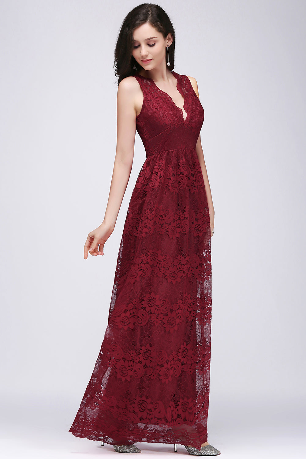 A-Line Lace Deep-V-Neck Sleeveless Floor Length Bridesmaid Dresses