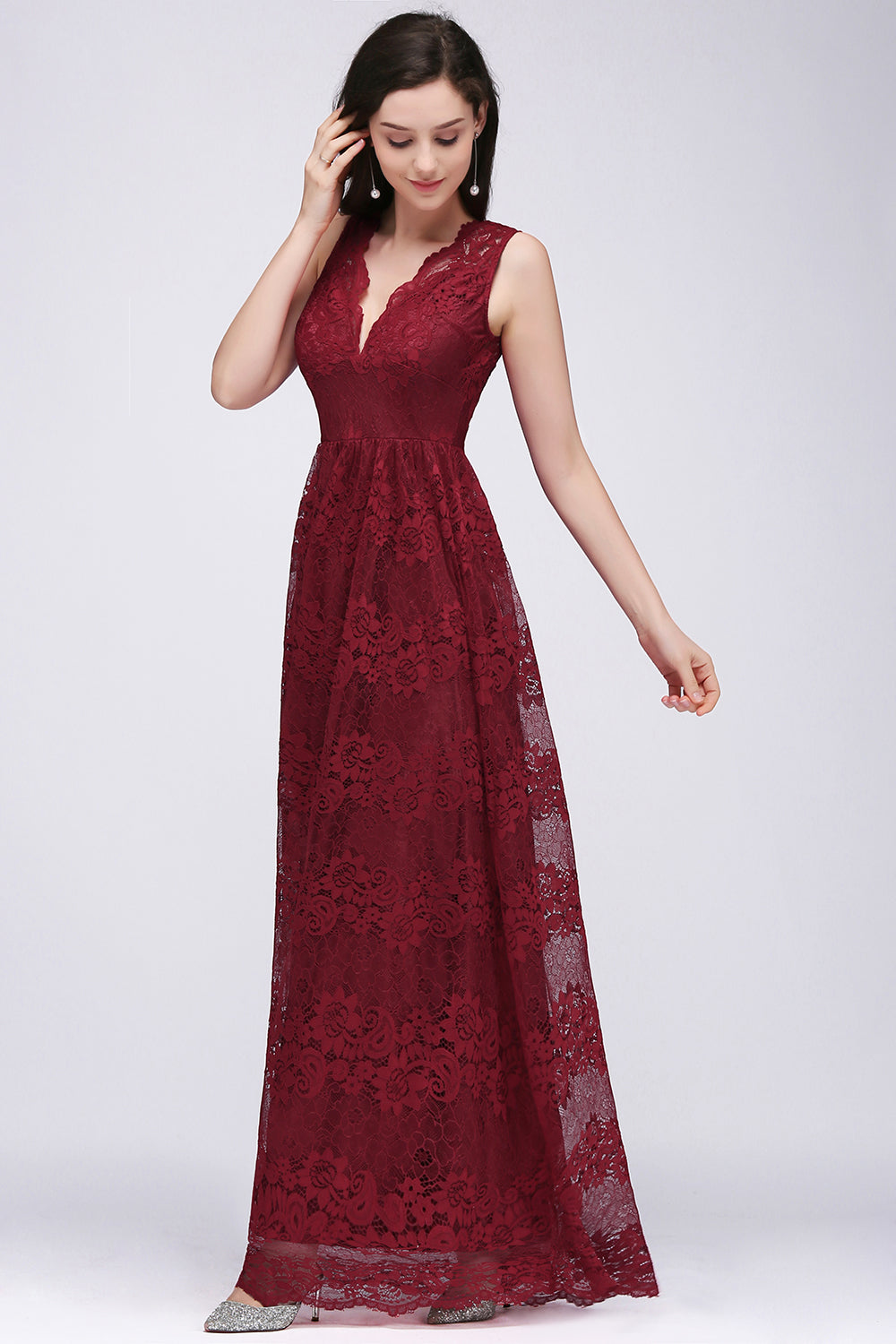 A-Line Lace Deep-V-Neck Sleeveless Floor Length Bridesmaid Dresses