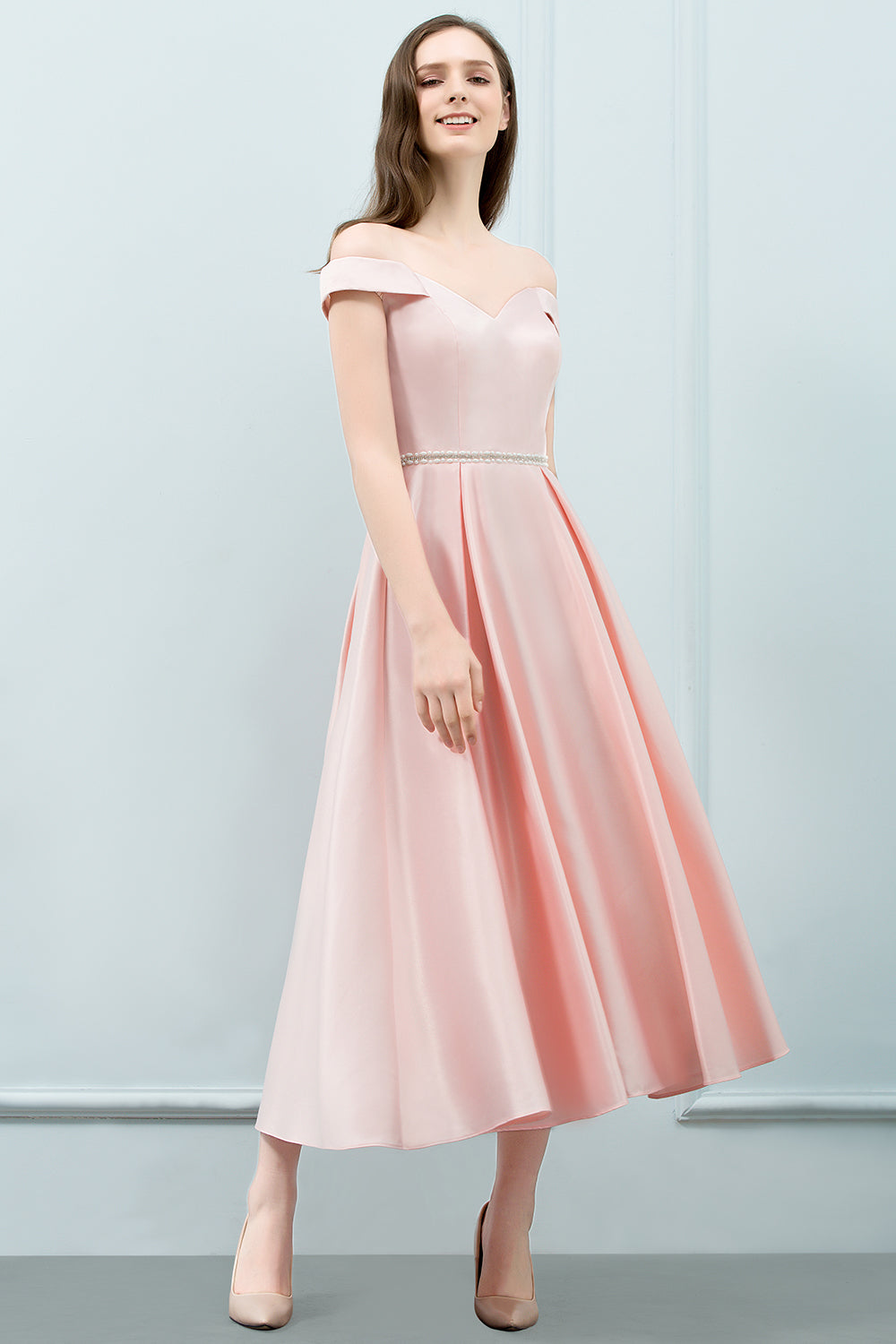 A-Line Pink Off The Shoulder Satin Bridesmaid Dress