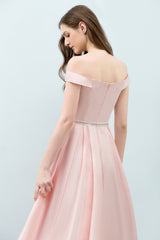 A-Line Pink Off The Shoulder Satin Bridesmaid Dress
