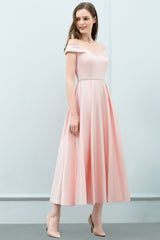 A-Line Pink Off The Shoulder Satin Bridesmaid Dress