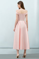A-Line Pink Off The Shoulder Satin Bridesmaid Dress