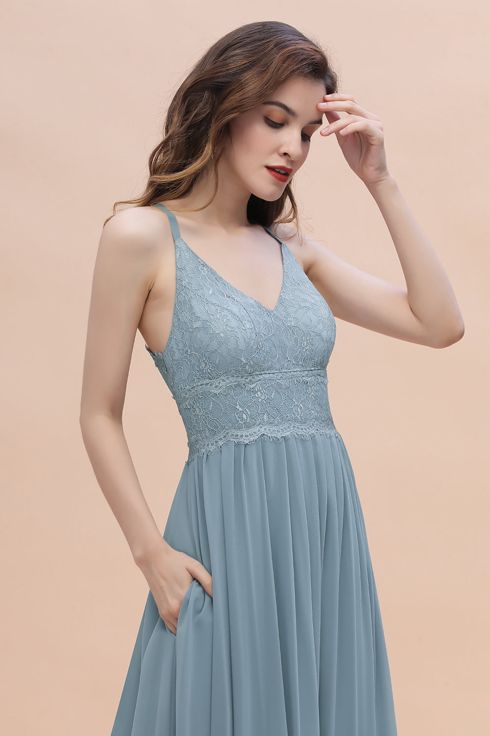 A-Line Ruched Bridesmaid Dress V-Neck Lace Chiffon Floor Length Evening Dress