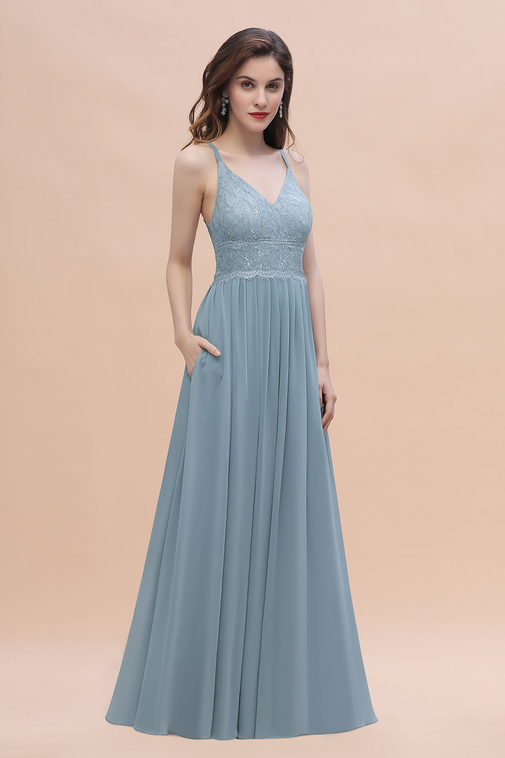 A-Line Ruched Bridesmaid Dress V-Neck Lace Chiffon Floor Length Evening Dress