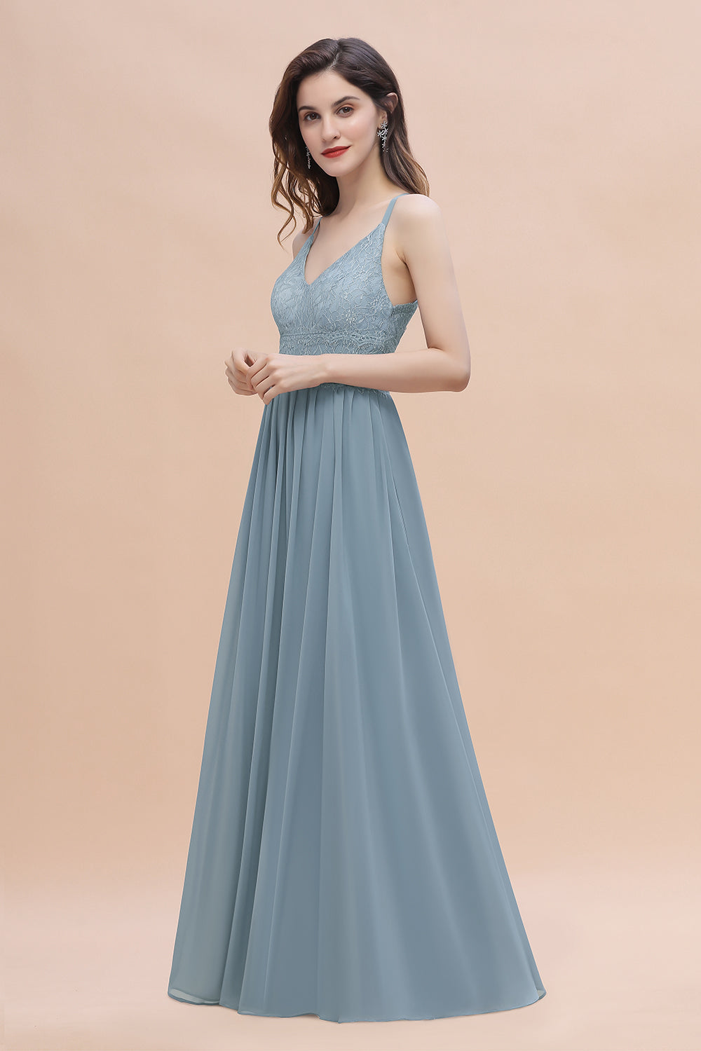 A-Line Ruched Bridesmaid Dress V-Neck Lace Chiffon Floor Length Evening Dress