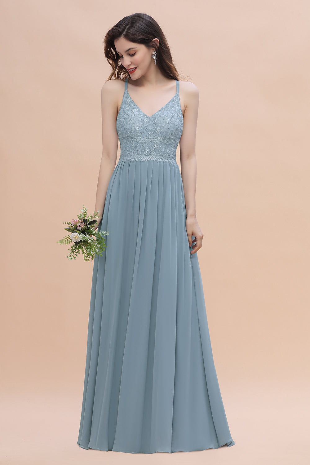 A-Line Ruched Bridesmaid Dress V-Neck Lace Chiffon Floor Length Evening Dress
