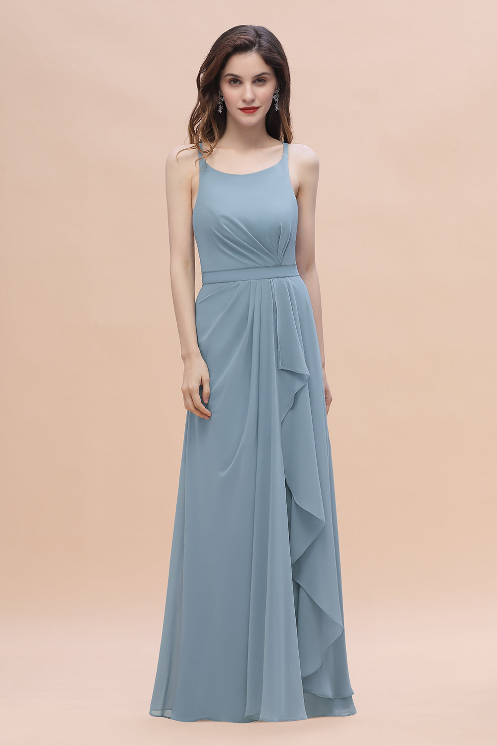 A-Line Ruched Bridesmaid Dress V-Neck Lace Chiffon Floor Length Evening Dress