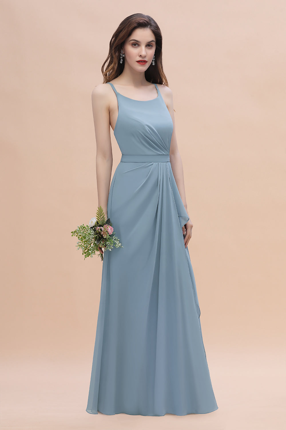 A-Line Ruched Bridesmaid Dress V-Neck Lace Chiffon Floor Length Evening Dress