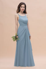 A-Line Ruched Bridesmaid Dress V-Neck Lace Chiffon Floor Length Evening Dress