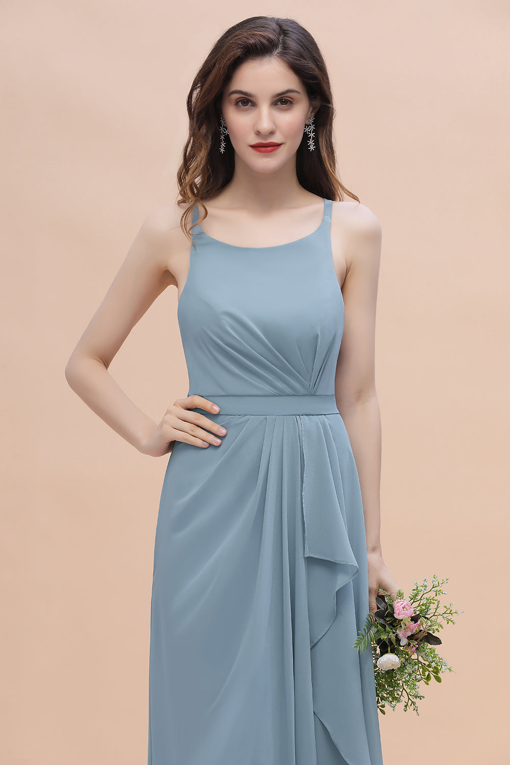 A-Line Ruched Bridesmaid Dress V-Neck Lace Chiffon Floor Length Evening Dress