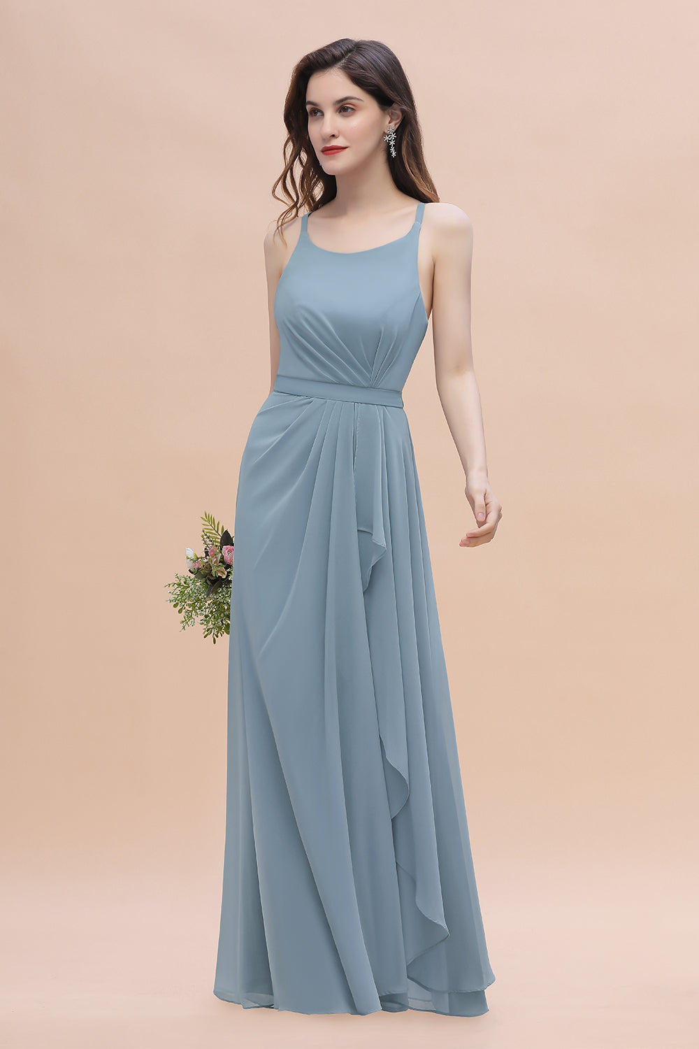 A-Line Ruched Bridesmaid Dress V-Neck Lace Chiffon Floor Length Evening Dress
