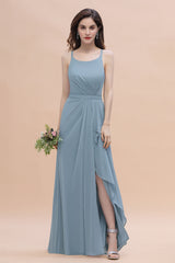 A-Line Ruched Bridesmaid Dress V-Neck Lace Chiffon Floor Length Evening Dress